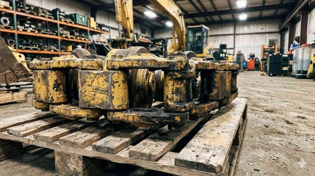 Stock de repuestos Caterpillar para tren de rodaje de excavadoras y tractores en almacén logístico.